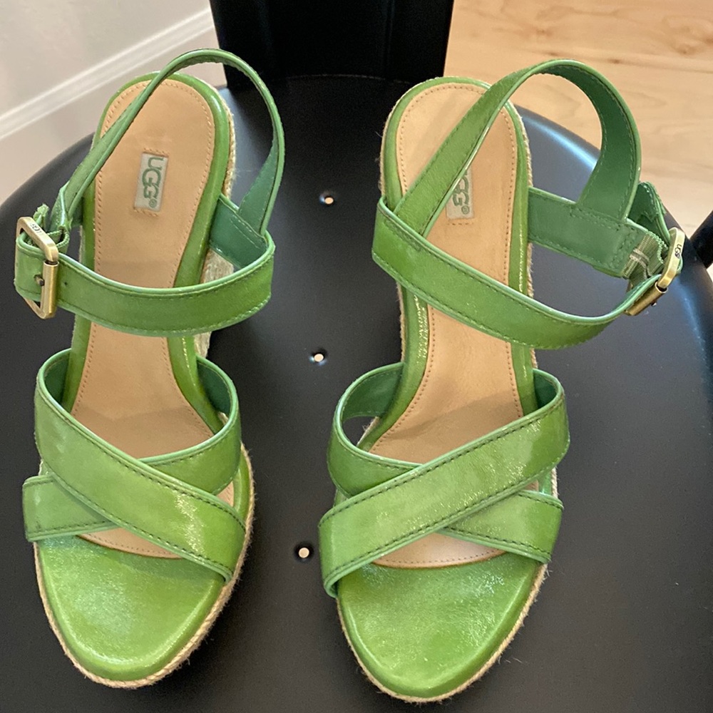 Ugg platform cross cross leather sandals with jute wedge in apple green